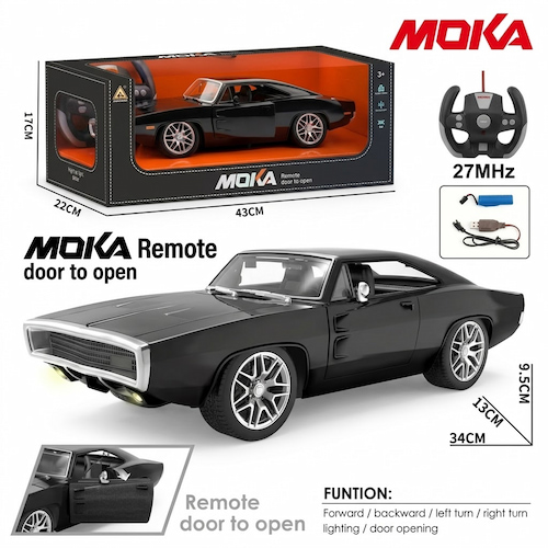 1:14 scale remote control Dodge Challenger muscle car with red and black finish, working LED headlights, and realistic racing wheels