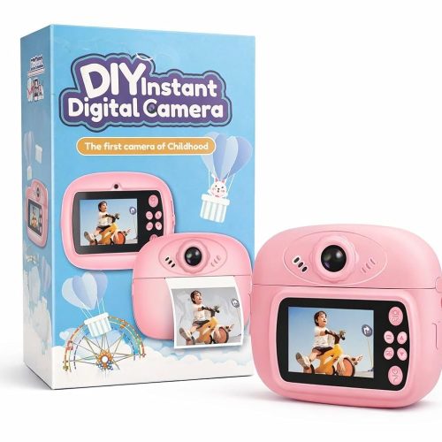 Pink DIY Instant Digital Camera for Kids with built-in display and instant photo printing feature