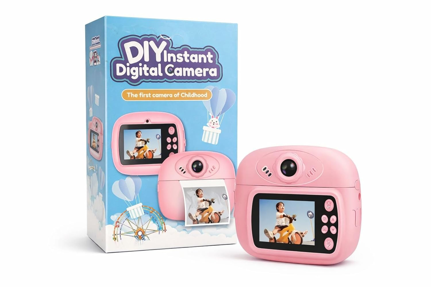 Pink DIY Instant Digital Camera for Kids with built-in display and instant photo printing feature
