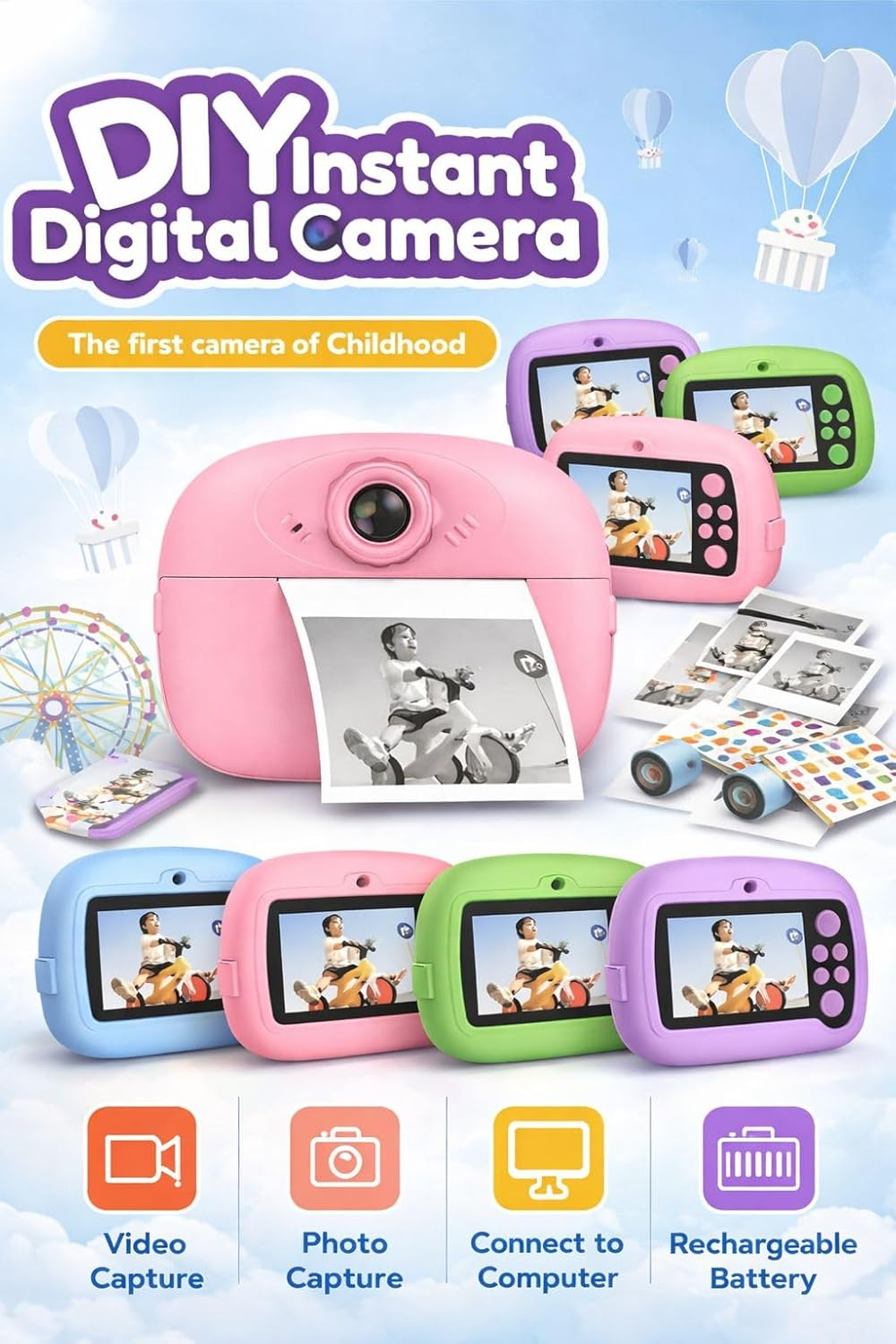 Pink DIY Instant Digital Camera for Kids with built-in display and instant photo printing feature.