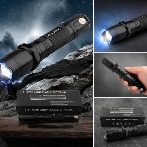 Black handheld electric shock flashlight with LED light head, textured grip, and product packaging shown on a white background.