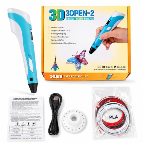 Flat lay of the blue 3DPEN-2 3D printing pen kit, showing the yellow packaging box, instruction manual, USB power cable, white pen stand, and a coiled starter pack of red, white, and black PLA filament.