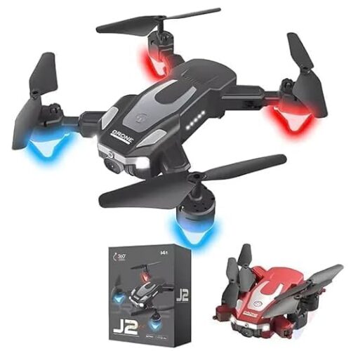 Black J2 foldable drone flying with glowing blue and red LED rotor lights, displayed next to its retail box showing a 14+ age rating and a folded red version of the drone.