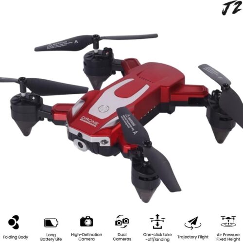 Black J2 foldable drone flying with glowing blue and red LED rotor lights, displayed next to its retail box showing a 14+ age rating and a folded red version of the drone.