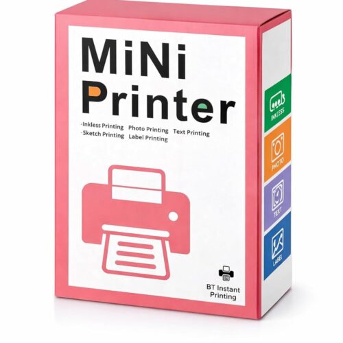Pink retail packaging box for a Mini Printer highlighting features like inkless, photo, text, and label printing with Bluetooth connectivity.