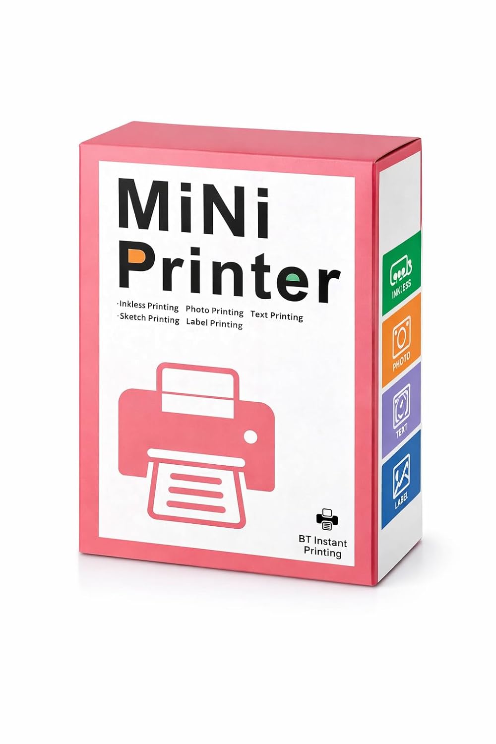 Pink retail packaging box for a Mini Printer highlighting features like inkless, photo, text, and label printing with Bluetooth connectivity.
