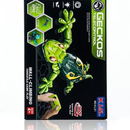 Retail packaging box for the K.LAL Geckos Telecontrol wall-climbing RC toy. The black box displays a bright green robotic gecko with glowing red eyes, alongside text highlighting features like a 2.4 GHz control system, 360-degree spinning on the wall, and an ages 4+ rating.