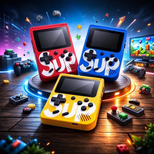 Three SUP Game Box 400 in 1 handheld consoles in red, blue, and yellow sitting on a glowing circular platform surrounded by gaming accessories.