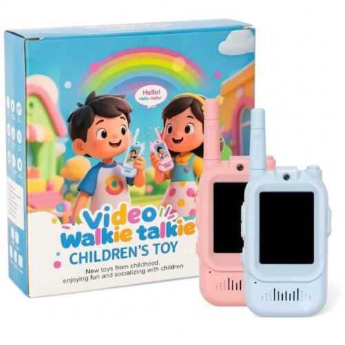 A colorful retail box for a "Video walkie talkie CHILDREN'S TOY" showing cartoon children using the devices, placed next to the two actual toy walkie-talkies, which are pink and light blue and feature blank screens, antennas, and top camera lenses.