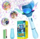 A blue and white electric bubble wand shaped like a flower with illuminated petals emitting hundreds of bubbles, displayed next to its retail packaging, a blue bottle of bubble solution, and a green rechargeable battery. Floating picture bubbles show a kids' party, a family, and a wedding couple.