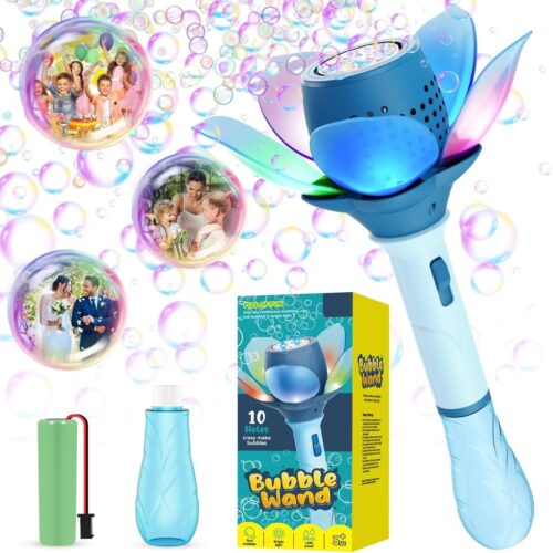 A blue and white electric bubble wand shaped like a flower with illuminated petals emitting hundreds of bubbles, displayed next to its retail packaging, a blue bottle of bubble solution, and a green rechargeable battery. Floating picture bubbles show a kids' party, a family, and a wedding couple.