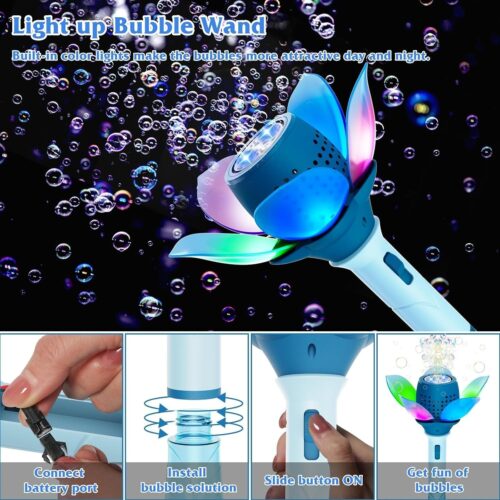 A blue and white electric bubble wand shaped like a flower with illuminated petals emitting hundreds of bubbles, displayed next to its retail packaging, a blue bottle of bubble solution, and a green rechargeable battery. Floating picture bubbles show a kids' party, a family, and a wedding couple.