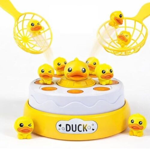 Close-up of the Duck Bounce Game toy with a white and yellow cake-like base, featuring a large center duck and smaller ducks popping up into yellow catching nets.