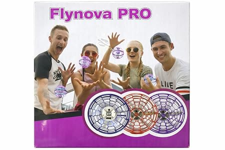 Flynova Pro flying ball toy retail box showing friends playing with purple, blue, and red hover drones.