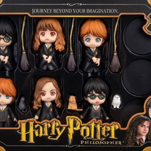 Premium retail window box for a 6-piece Harry Potter and the Philosopher's Stone collectible figure set, showing chibi-style Harry, Hermione, and Ron figures neatly packaged inside.