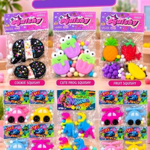 A promotional collage showing various Super Soft Squishy toys including Bear, Donut, Waffle, Butterfly, and Heart designs in multiple vibrant colors.