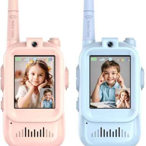 A colorful retail box for a "Video walkie talkie CHILDREN'S TOY" showing cartoon children using the devices, placed next to the two actual toy walkie-talkies, which are pink and light blue and feature blank screens, antennas, and top camera lenses.
