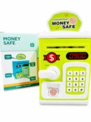 A bright green and white Fingerprint Money Safe electronic piggy bank toy displayed next to its retail packaging. The toy features a top coin slot, a paper money slot, a keypad, a red digital display, a turn-knob, and a simulated fingerprint scanner.