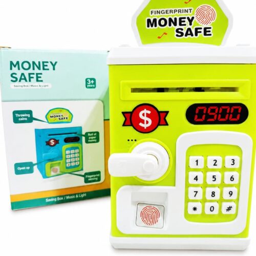 A bright green and white Fingerprint Money Safe electronic piggy bank toy displayed next to its retail packaging. The toy features a top coin slot, a paper money slot, a keypad, a red digital display, a turn-knob, and a simulated fingerprint scanner.