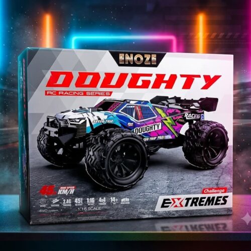 Retail packaging box for the ENOZE DOUGHTY RC Racing Series car, featuring an action shot of a blue, white, and purple 1:16 scale off-road buggy. The box graphics highlight key specifications including a top speed of 45 KM/H, a 4WD system, 2.4G frequency, and an age 14+ recommendation alongside the bold text "Challenge EXTREMES".