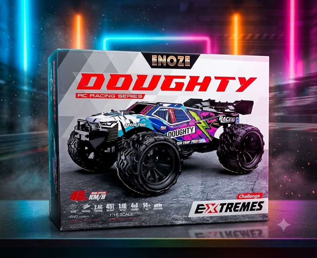 Retail packaging box for the ENOZE DOUGHTY RC Racing Series car, featuring an action shot of a blue, white, and purple 1:16 scale off-road buggy. The box graphics highlight key specifications including a top speed of 45 KM/H, a 4WD system, 2.4G frequency, and an age 14+ recommendation alongside the bold text "Challenge EXTREMES".
