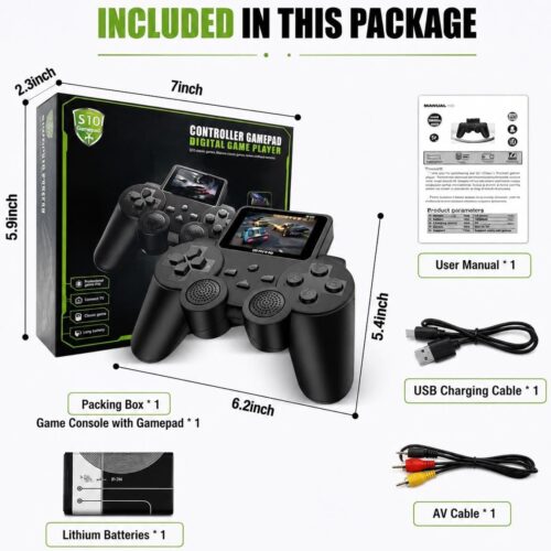 A black S10 Controller Gamepad Digital Game Player with a built-in screen displaying a red race car, sitting next to its black and green retail packaging that highlights features like massive classic games, long battery, connect TV, and a professional game chip