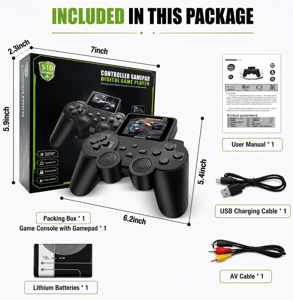 A black S10 Controller Gamepad Digital Game Player with a built-in screen displaying a red race car, sitting next to its black and green retail packaging that highlights features like massive classic games, long battery, connect TV, and a professional game chip