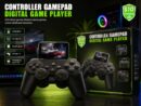 A black S10 Controller Gamepad Digital Game Player with a built-in screen displaying a red race car, sitting next to its black and green retail packaging that highlights features like massive classic games, long battery, connect TV, and a professional game chip.