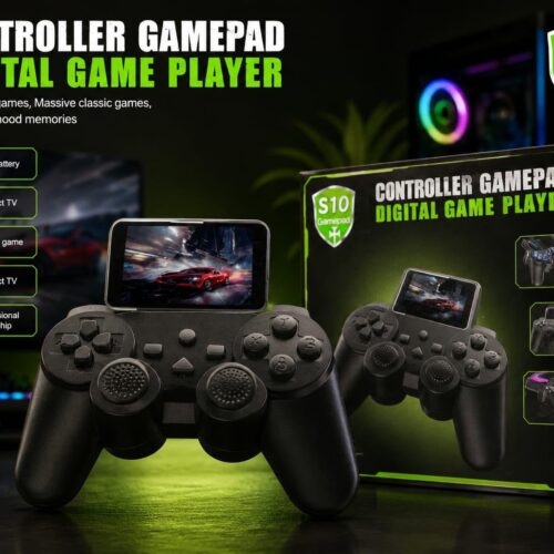 A black S10 Controller Gamepad Digital Game Player with a built-in screen displaying a red race car, sitting next to its black and green retail packaging that highlights features like massive classic games, long battery, connect TV, and a professional game chip.
