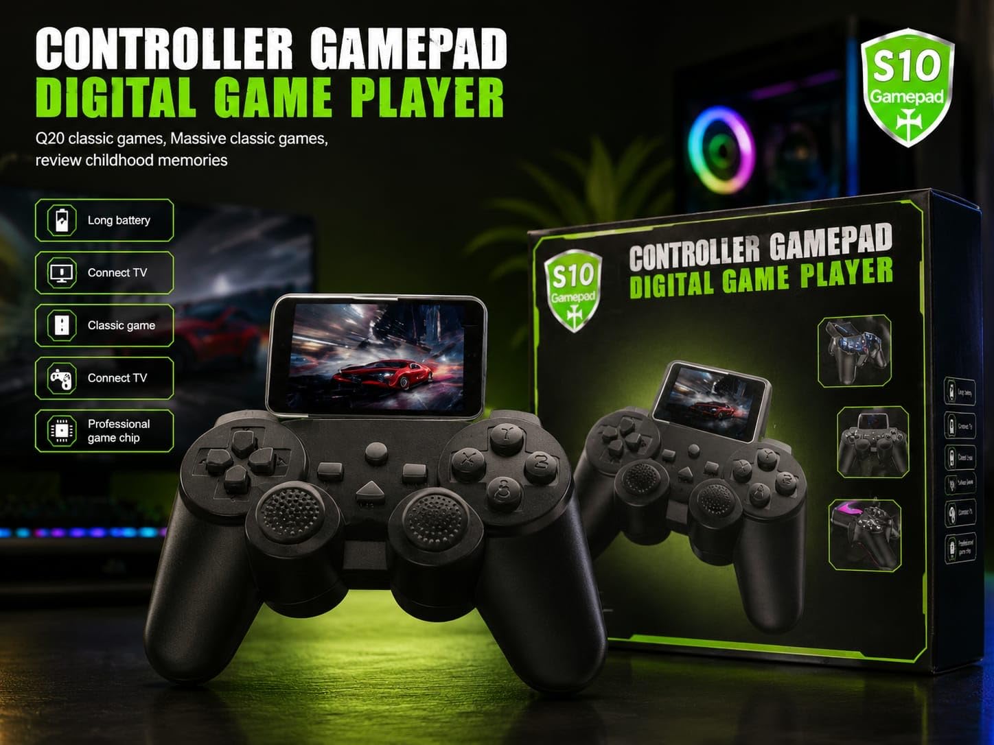 A black S10 Controller Gamepad Digital Game Player with a built-in screen displaying a red race car, sitting next to its black and green retail packaging that highlights features like massive classic games, long battery, connect TV, and a professional game chip.