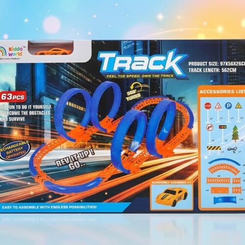 Retail box for the Kiddo World Track set, showing a sprawling blue and orange race track with 360-degree loops. The box text highlights a 63-piece count, a 562cm track length, a rechargeable battery-operated car, and a detailed accessories list including track signs and barriers.