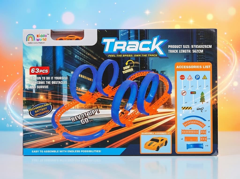 Retail box for the Kiddo World Track set, showing a sprawling blue and orange race track with 360-degree loops. The box text highlights a 63-piece count, a 562cm track length, a rechargeable battery-operated car, and a detailed accessories list including track signs and barriers.