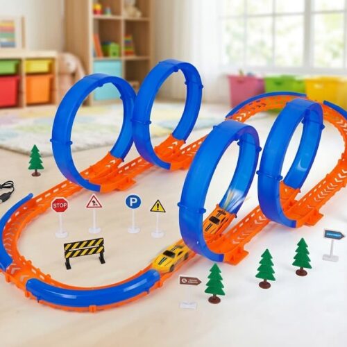 Retail box for the Kiddo World Track set, showing a sprawling blue and orange race track with 360-degree loops. The box text highlights a 63-piece count, a 562cm track length, a rechargeable battery-operated car, and a detailed accessories list including track signs and barriers.