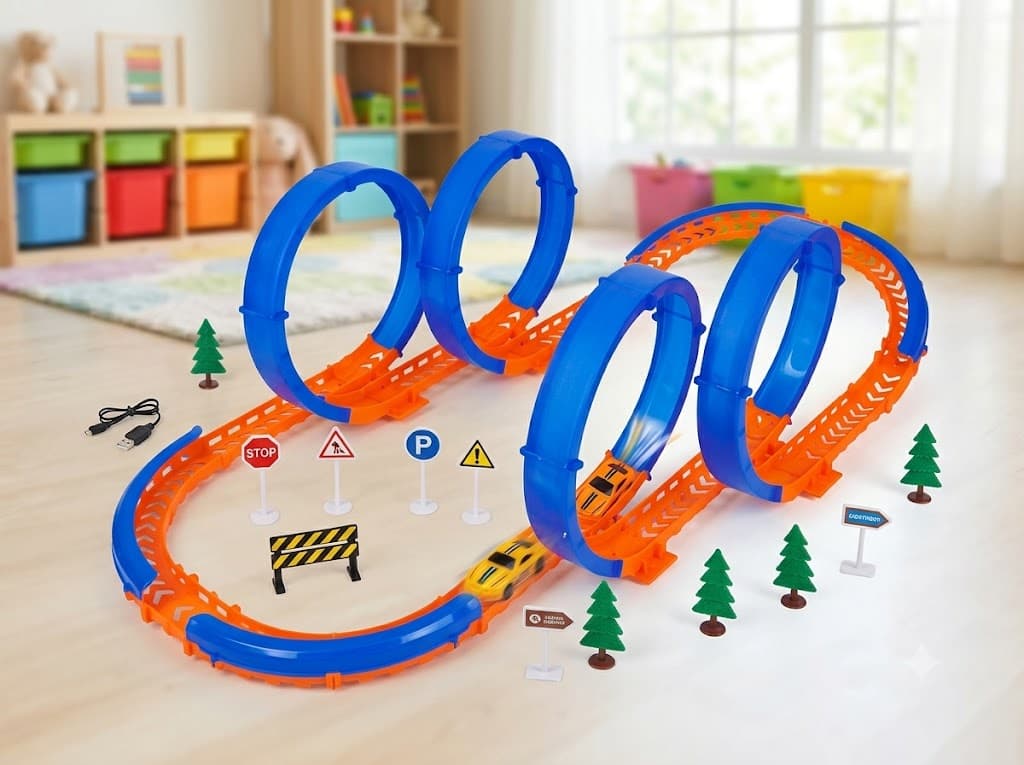 Retail box for the Kiddo World Track set, showing a sprawling blue and orange race track with 360-degree loops. The box text highlights a 63-piece count, a 562cm track length, a rechargeable battery-operated car, and a detailed accessories list including track signs and barriers.