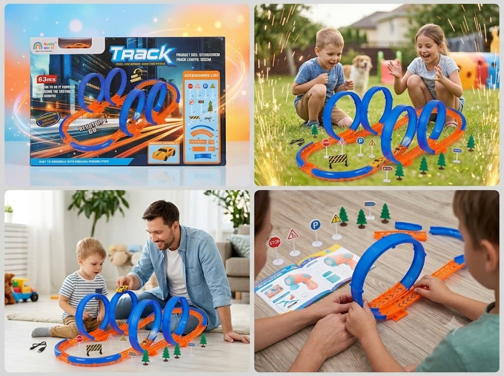 Kiddo World 63-Piece DIY Track Set with 360° Loops & Rechargeable Car - Image 3