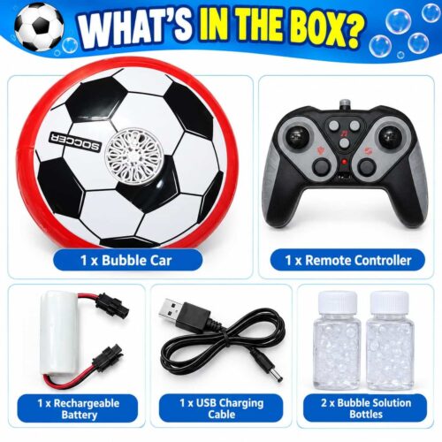 Retail packaging box for the PRO KIDS R/C Soccer Bubble Car, displaying a 2.4GHz remote control, floating bubbles, and two hovering disc-shaped cars: one with a soccer ball pattern and another with a colorful geometric design. The box indicates it features lights and music and is intended for ages 4+.
