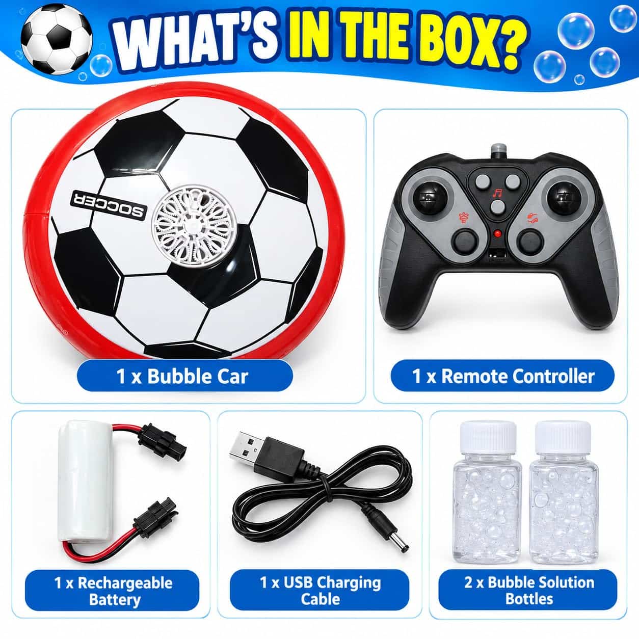 Retail packaging box for the PRO KIDS R/C Soccer Bubble Car, displaying a 2.4GHz remote control, floating bubbles, and two hovering disc-shaped cars: one with a soccer ball pattern and another with a colorful geometric design. The box indicates it features lights and music and is intended for ages 4+.