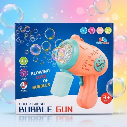 Retail packaging box for the CooCoo Color Bubble Gun. The blue box displays a pink and teal automatic bubble maker surrounded by floating bubbles, highlighting key features like Type-C charging, Light, Music, "Blowing lots of bubbles," and an age 3+ rating.
