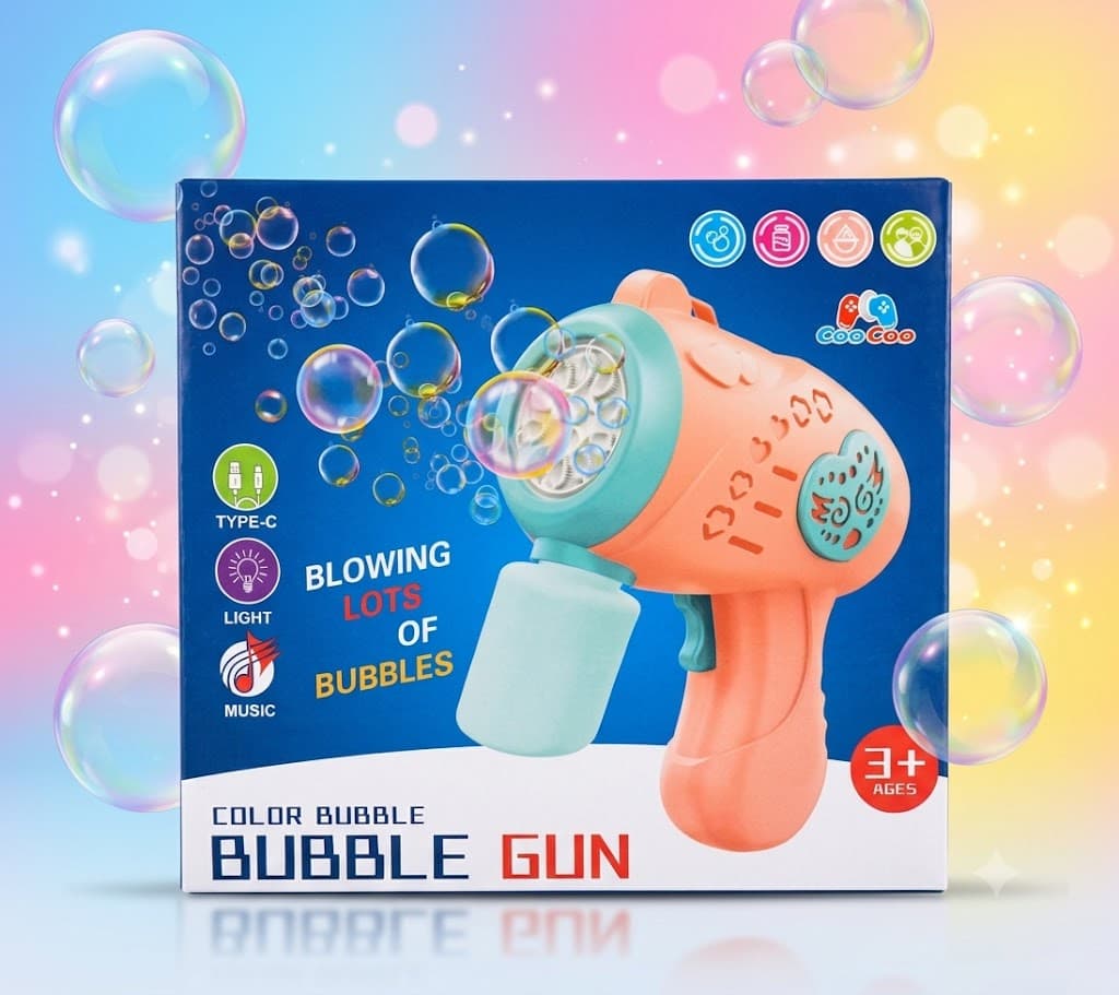 Retail packaging box for the CooCoo Color Bubble Gun. The blue box displays a pink and teal automatic bubble maker surrounded by floating bubbles, highlighting key features like Type-C charging, Light, Music, "Blowing lots of bubbles," and an age 3+ rating.