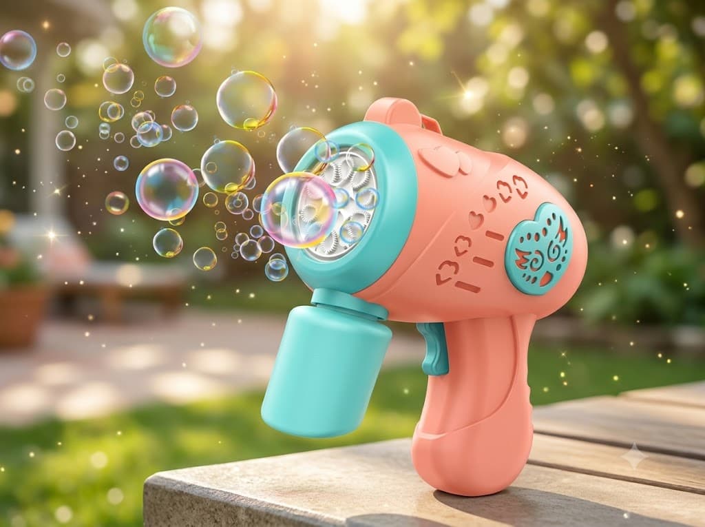Retail packaging box for the CooCoo Color Bubble Gun. The blue box displays a pink and teal automatic bubble maker surrounded by floating bubbles, highlighting key features like Type-C charging, Light, Music, "Blowing lots of bubbles," and an age 3+ rating.