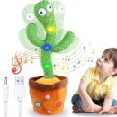 An infographic of a green knitted plush Talking Cactus toy in a brown pot standing next to its yellow retail box. The graphic highlights an upgraded built-in lithium-ion battery, an ON/OFF switch on the base, an included USB charging cable, and dimensions showing the toy is approximately 12.8 inches tall.