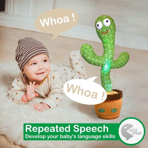 An infographic of a green knitted plush Talking Cactus toy in a brown pot standing next to its yellow retail box. The graphic highlights an upgraded built-in lithium-ion battery, an ON/OFF switch on the base, an included USB charging cable, and dimensions showing the toy is approximately 12.8 inches tall.