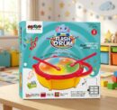 Retail packaging box for the GOOYO Flash Drum musical toy, featuring a cute blue elephant logo and showcasing a yellow drum with a multi-colored illuminated top and two red drumsticks. Text on the box highlights features including 3 play modes, volume control, music switches, and an age 4+ recommendation.