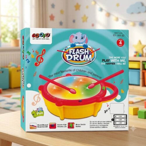 Retail packaging box for the GOOYO Flash Drum musical toy, featuring a cute blue elephant logo and showcasing a yellow drum with a multi-colored illuminated top and two red drumsticks. Text on the box highlights features including 3 play modes, volume control, music switches, and an age 4+ recommendation.