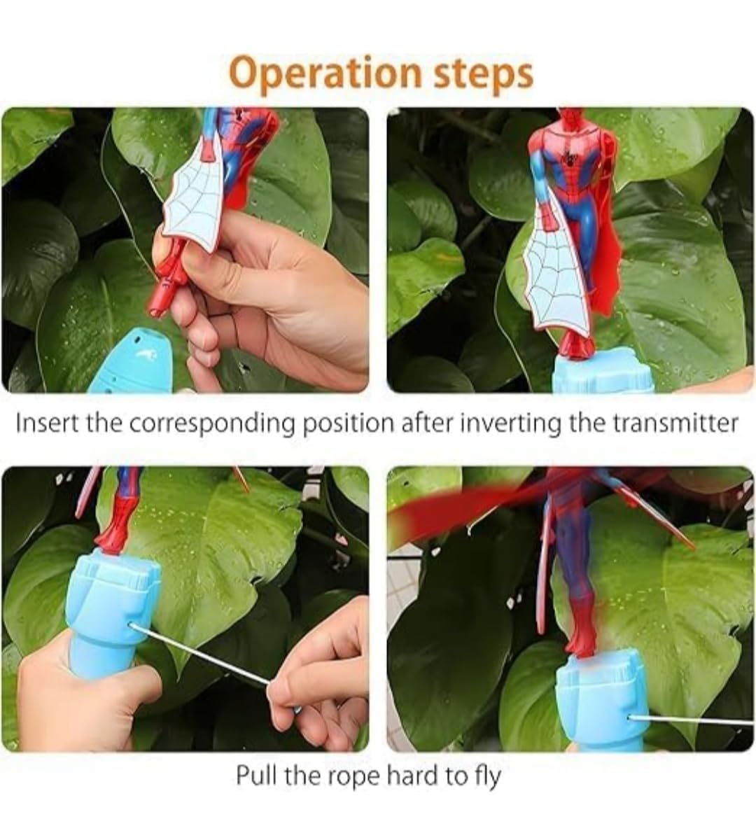 Two images showcasing the flying superhero toy. The first shows a hand pulling a string on a blue launcher to fly a Spider-Man action figure, with an inset highlighting a hidden candy compartment in the base. The second shows four packaged toys in Marvel Avengers boxes, featuring Batman, Captain America, Iron Man, and Spider-Man figures mounted on blue pull-string launchers.