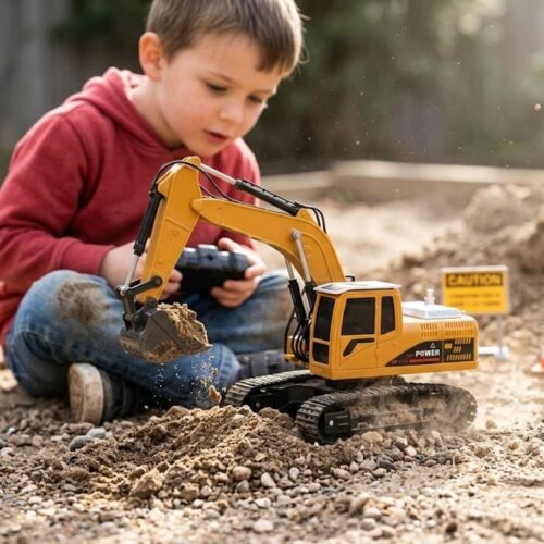 A young boy sitting outdoors in the dirt, operating a yellow and black remote control excavator toy. The toy excavator is actively scooping up loose gravel with its bucket, surrounded by miniature orange safety cones and a yellow caution sign on the ground.