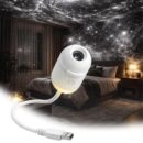A small white cylindrical USB projector attached to a flexible gooseneck cable, displaying six different cosmic projections radiating outward from its lens: a detailed Moon, a swirling blue galaxy, Saturn, the Aurora Borealis, a starry night sky, and a celestial whale.