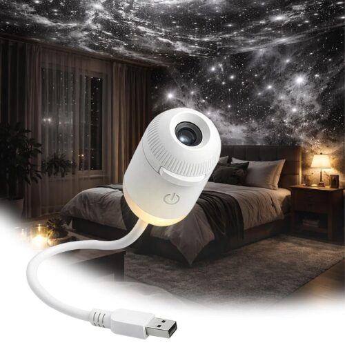 A small white cylindrical USB projector attached to a flexible gooseneck cable, displaying six different cosmic projections radiating outward from its lens: a detailed Moon, a swirling blue galaxy, Saturn, the Aurora Borealis, a starry night sky, and a celestial whale.