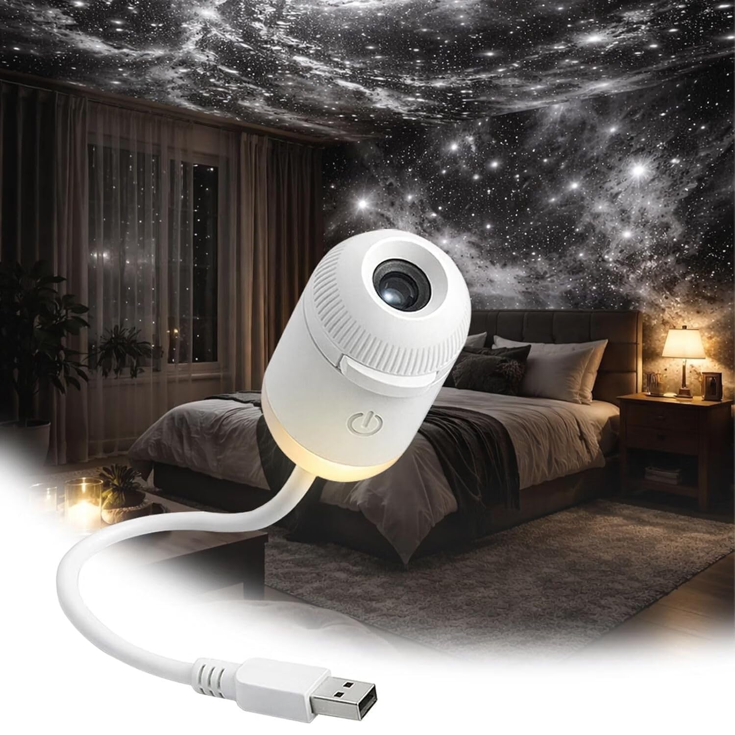 A small white cylindrical USB projector attached to a flexible gooseneck cable, displaying six different cosmic projections radiating outward from its lens: a detailed Moon, a swirling blue galaxy, Saturn, the Aurora Borealis, a starry night sky, and a celestial whale.
