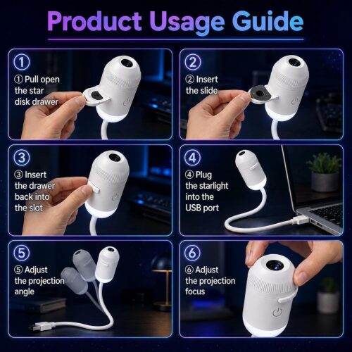 A small white cylindrical USB projector attached to a flexible gooseneck cable, displaying six different cosmic projections radiating outward from its lens: a detailed Moon, a swirling blue galaxy, Saturn, the Aurora Borealis, a starry night sky, and a celestial whale.